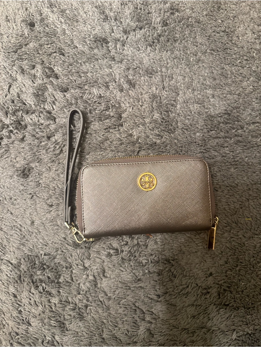 Tory Burch Brown Zip-Around Saffiano Wristlet Wallet with Gold Logo